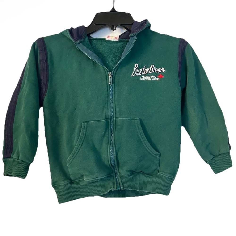Vintage 1990s Buster Brown Sporting Goods Green Kids Zip Hoodie Sweater Cotton